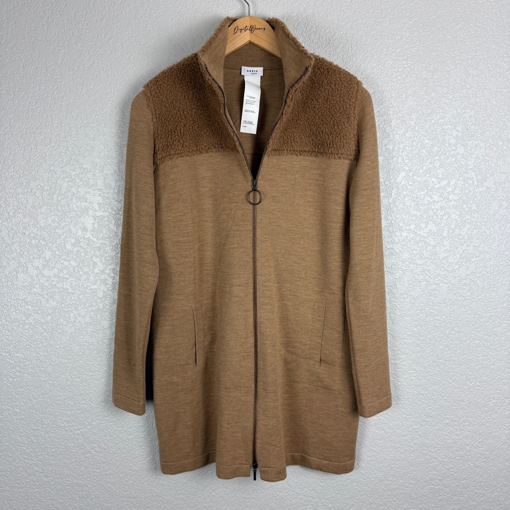Akris Punto 100% Wool Sherpa Knit Stand Collar Cardigan Camel US 10 Faux Fur Tan - Picture 2 of 13